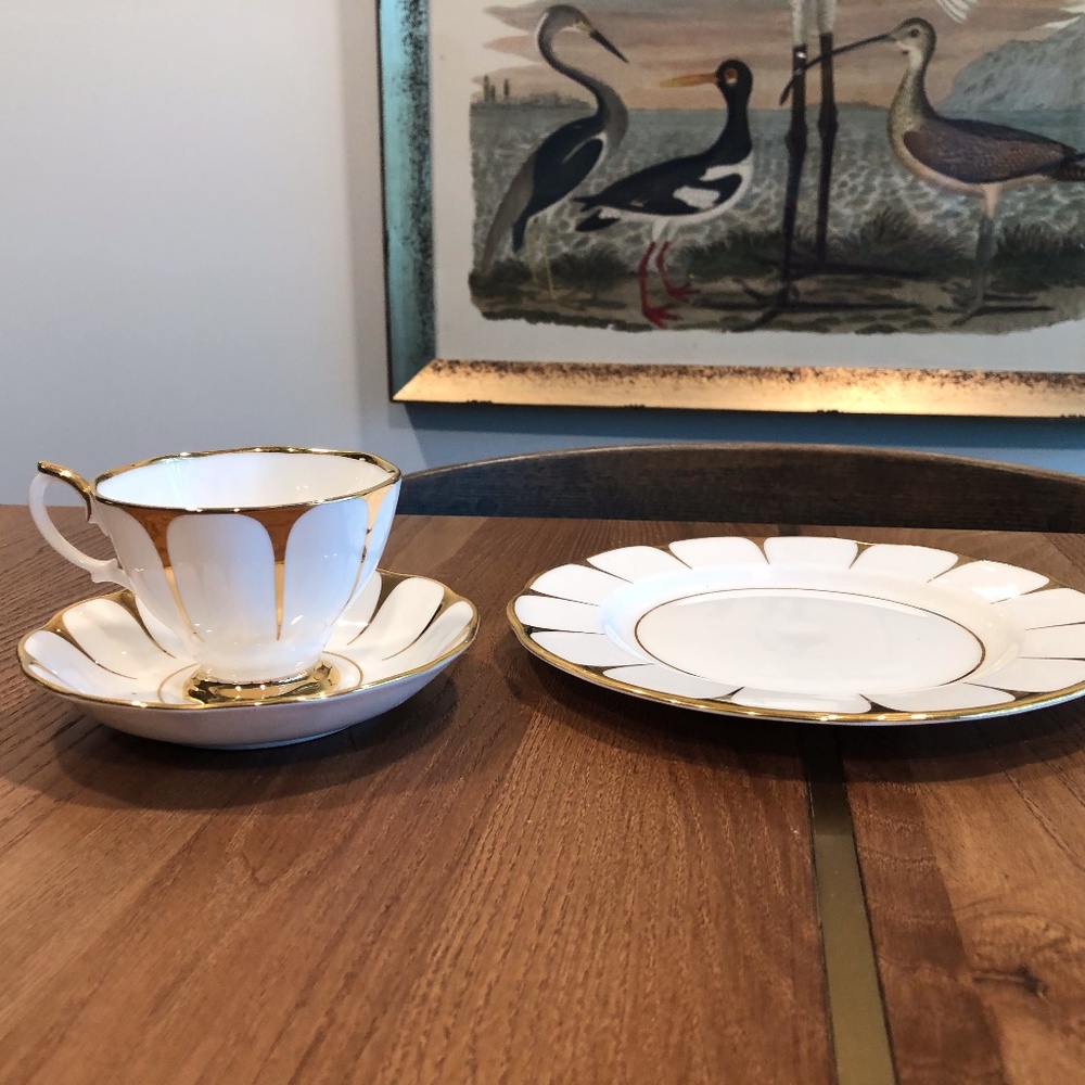 Bone china cup + saucer with scalloped gold trim